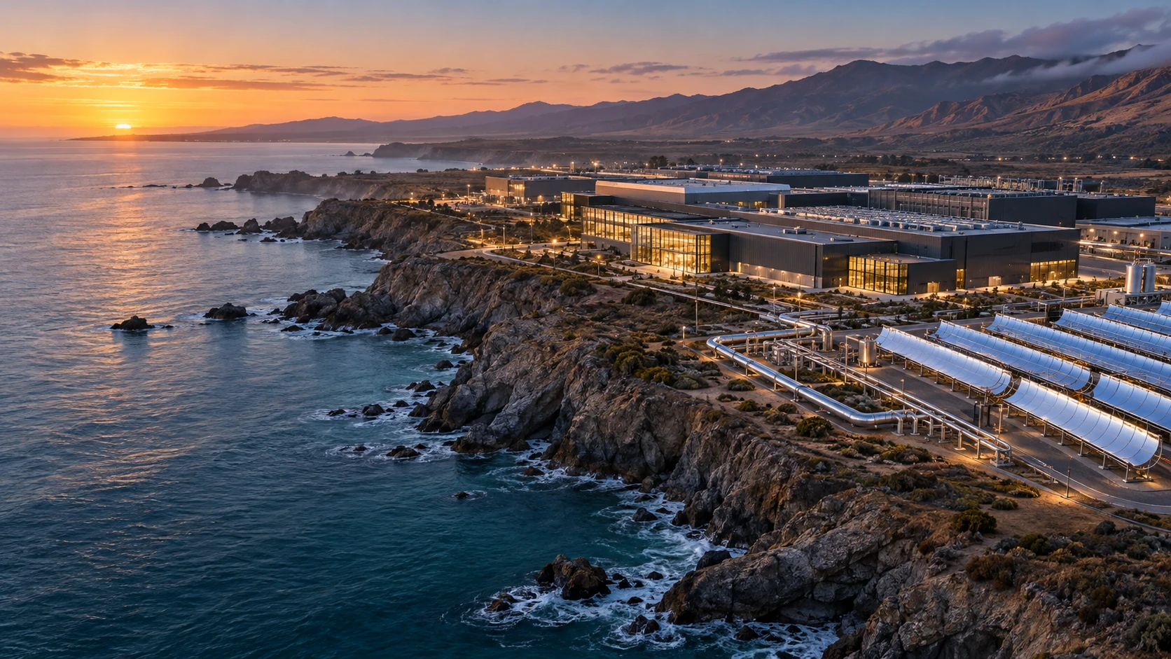 Concept visualization of a coastal data center with solar thermal collectors beside the Pacific Ocean